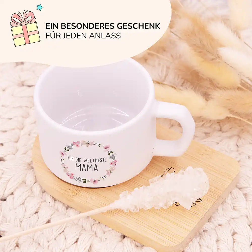 Besonderes Muttertagsgeschenk – personalisierte Keramiktasse Blumenkranz Weltbeste Mama