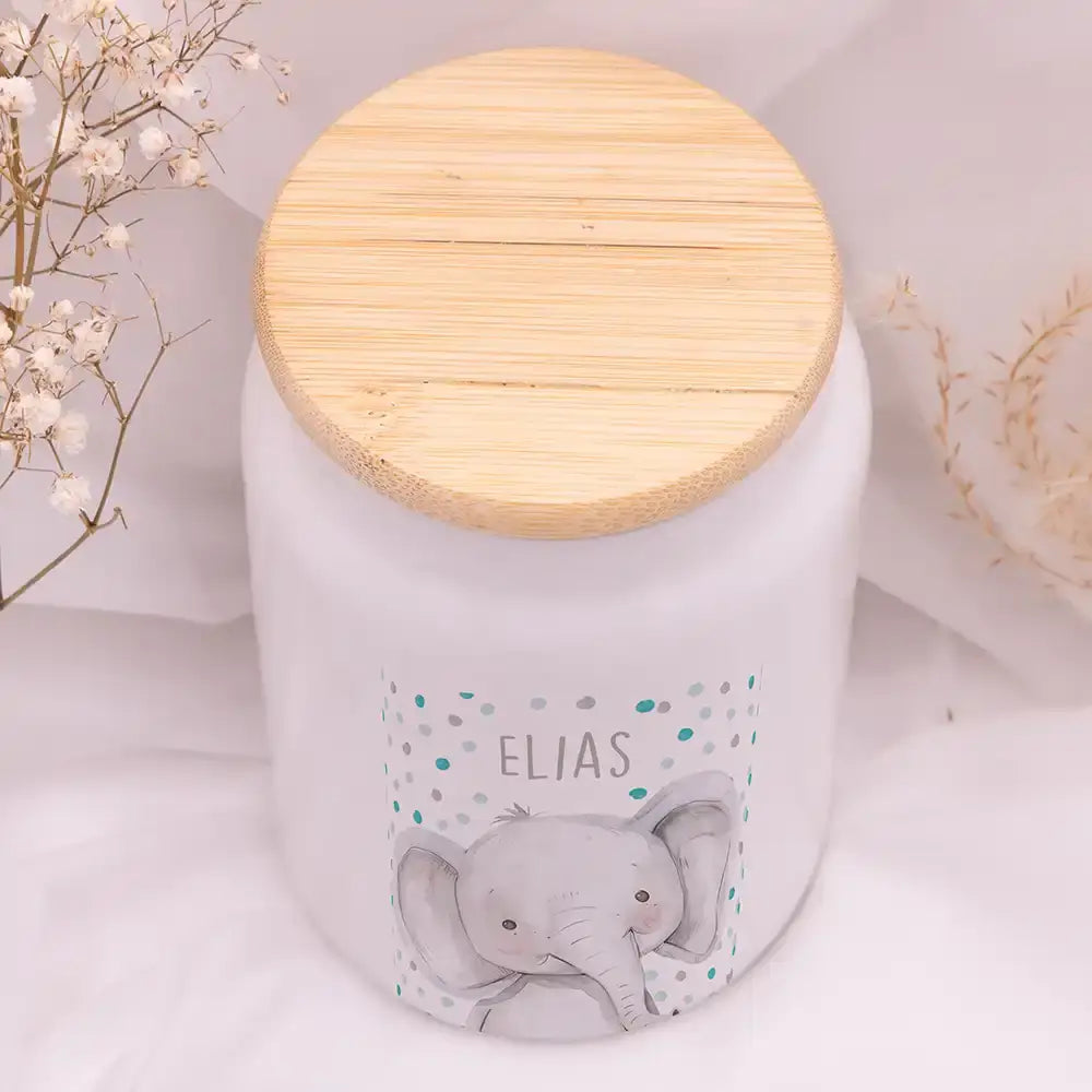 Personalisierbare Keksdose mit Name - Elefant mit Punkten