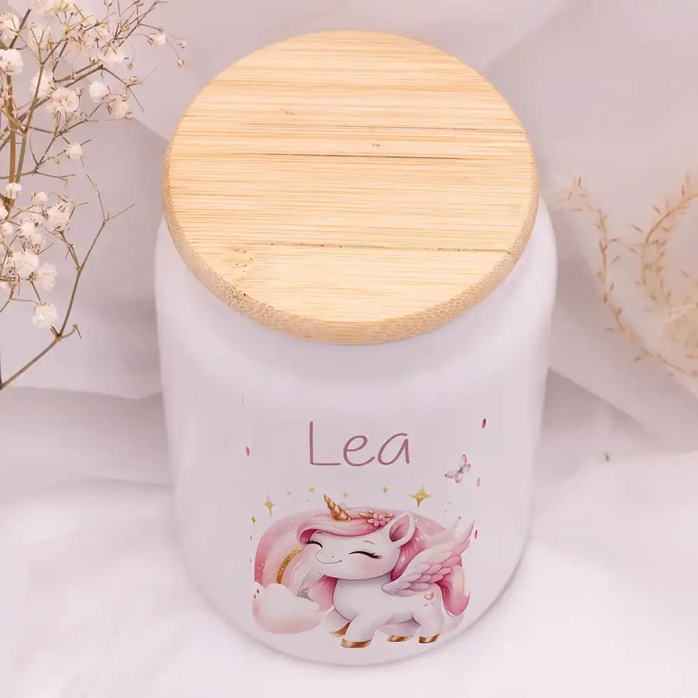 Personalisierbare Keksdose mit Name - Einhorn Regenbogen