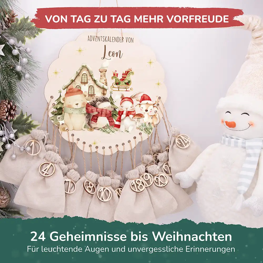 Personalisierter runder Adventskalender Kinder aus Holz - Waldtiere im Winterzauber