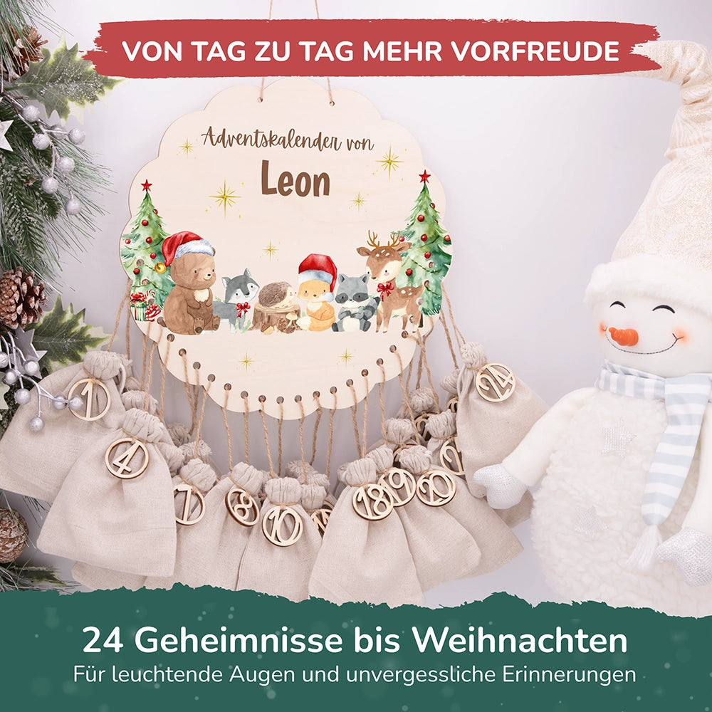Personalisierter runder Adventskalender Kinder aus Holz - Winterwunderland