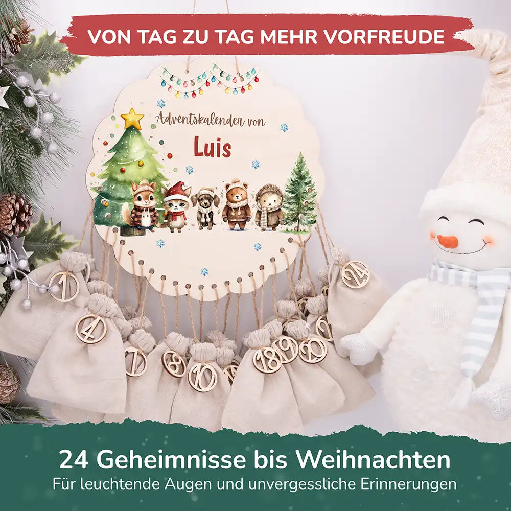 Personalisierter runder Adventskalender Kinder aus Holz - Winterwaldtiere