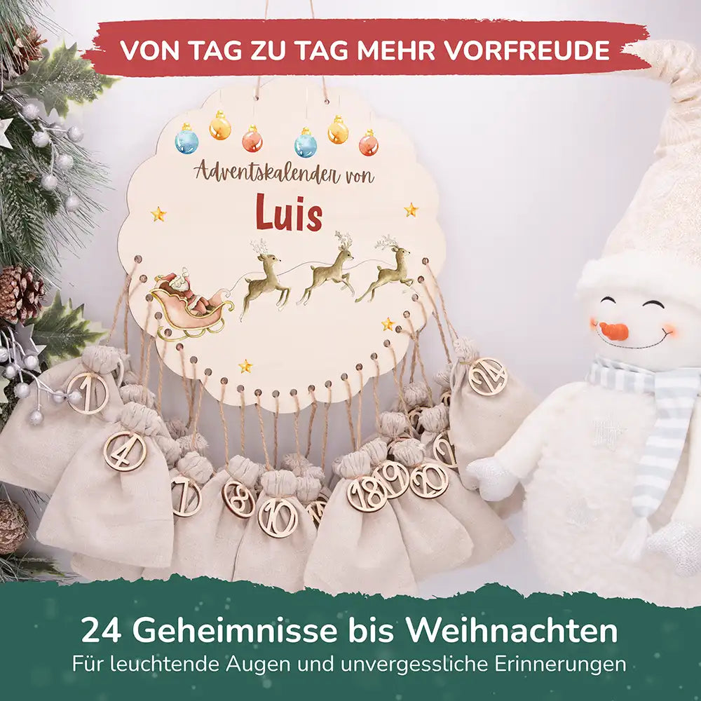 Personalisierter runder Adventskalender Kinder aus Holz - Rentiere
