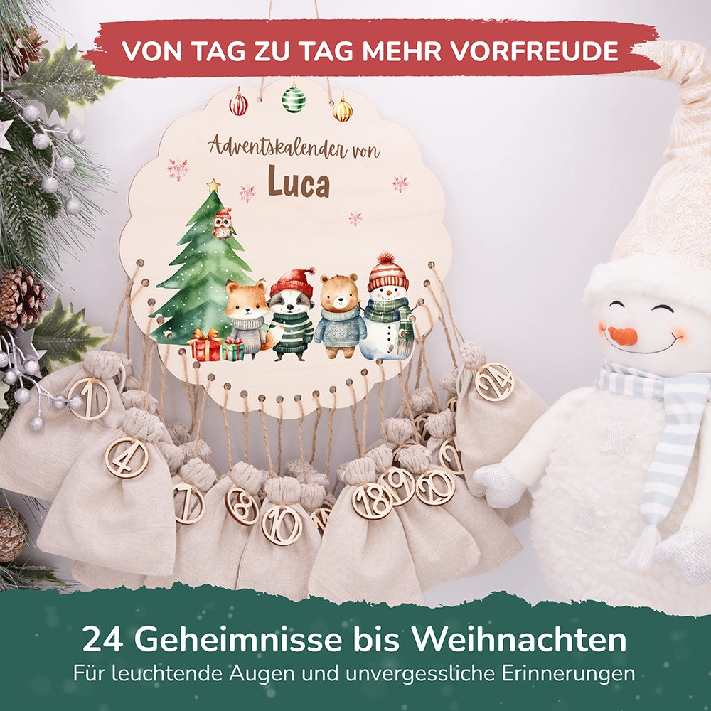 Personalisierter runder Adventskalender Kinder aus Holz - Tierische Weihnachtsbande