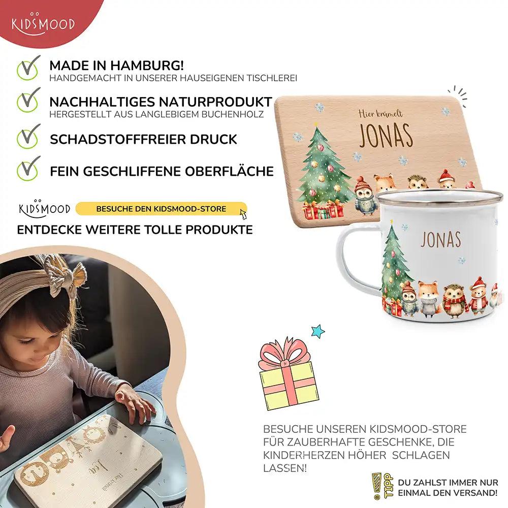 Weihnachts-Set Frühstücksbrettchen und  Emaille Tasse - Fuchs & Häschen-Freunde