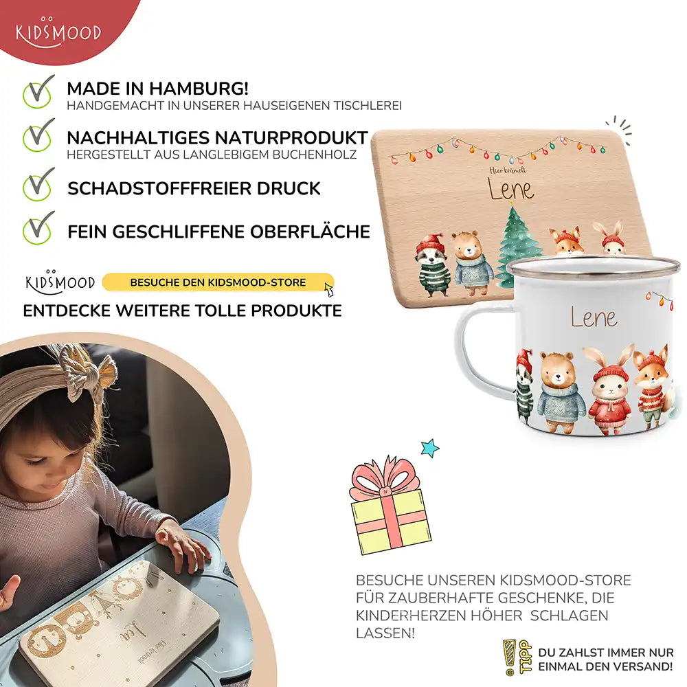 Weihnachts-Set Frühstücksbrettchen + Emaille Tasse - Winterfamilie