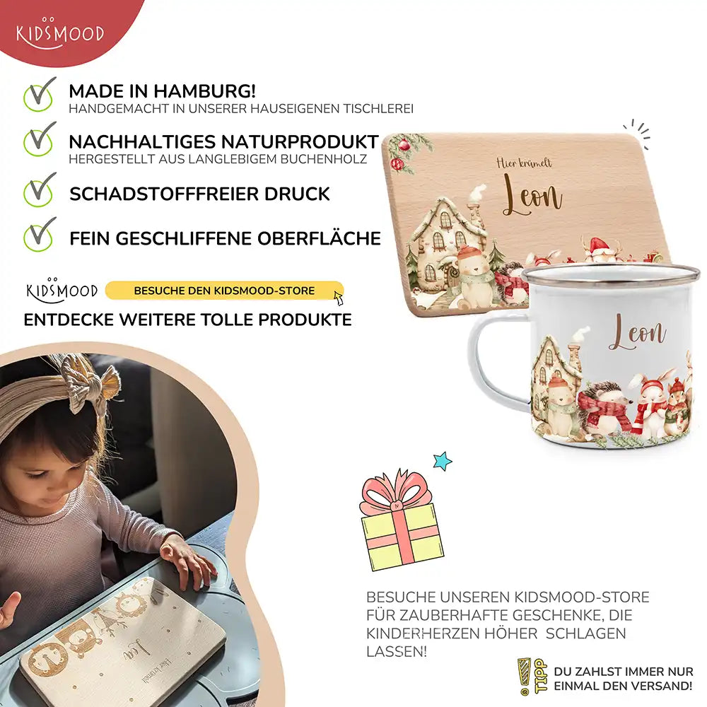 Weihnachts-Set Frühstücksbrettchen + Emaille Tasse - Weihnachtsglück