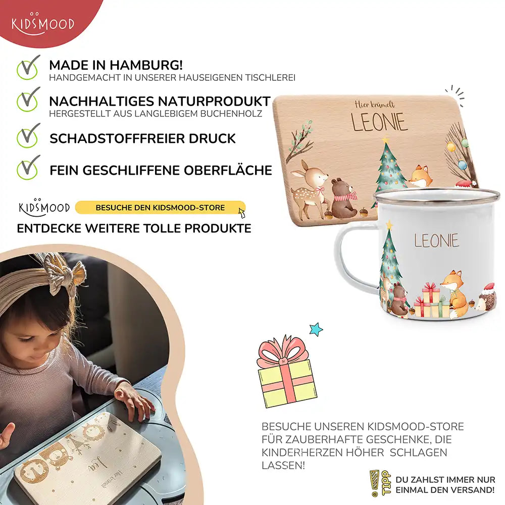 Weihnachts-Set Frühstücksbrettchen + Emaille Tasse - Fuchs am Weihnachtsbaum