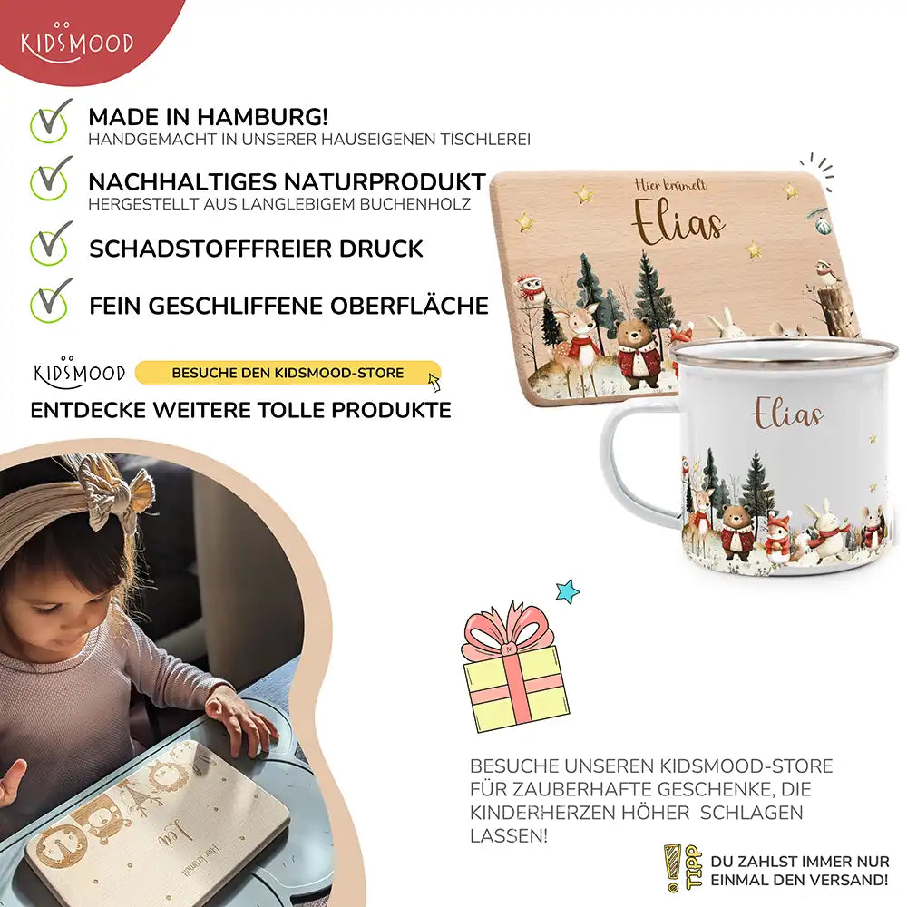 Weihnachts-Set Frühstücksbrettchen + Emaille Tasse - Waldtiere im Wintertraum