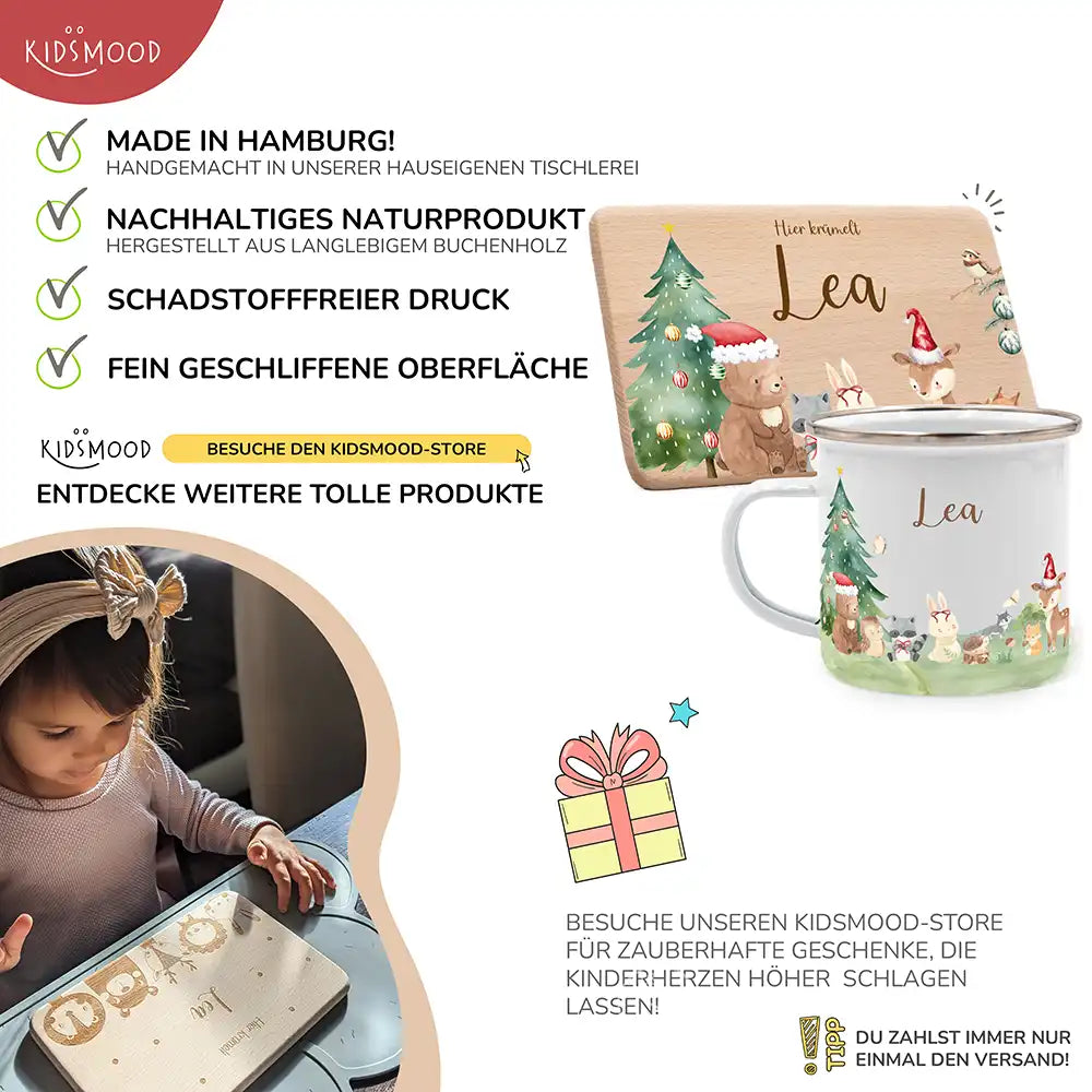 Weihnachts-Set Frühstücksbrettchen + Emaille Tasse - niedliche Waldtiere