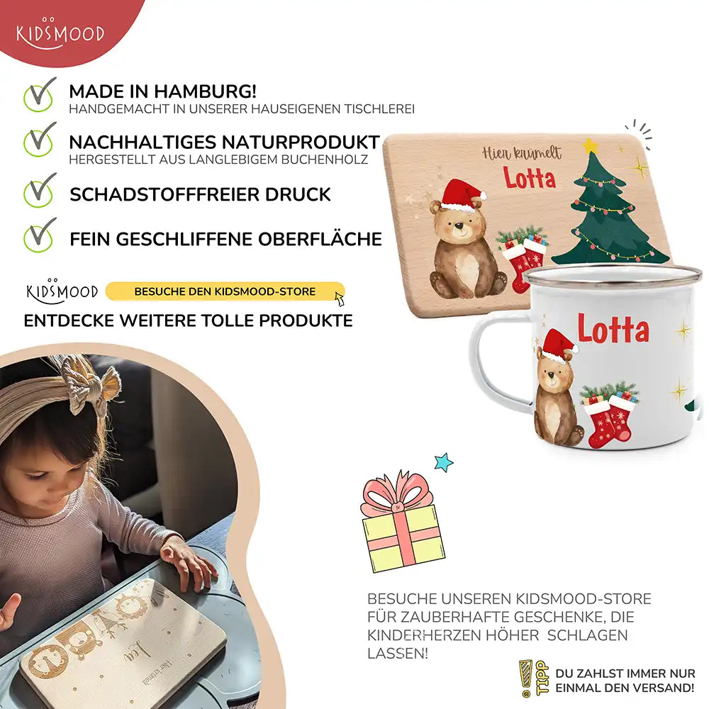 Weihnachts-Set Frühstücksbrettchen + Emaille Tasse - Weihnachtsbär