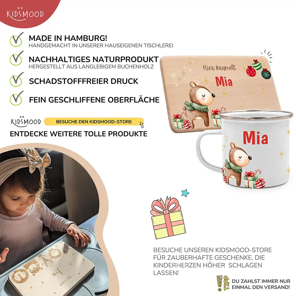 Weihnachts-Set Frühstücksbrettchen + Emaille Tasse - Baby Reh Motiv