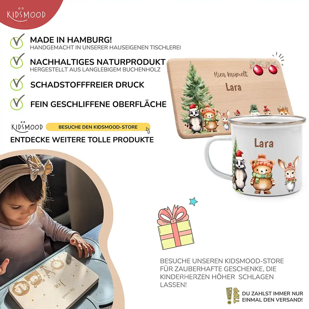 Weihnachts-Set Frühstücksbrettchen + Emaille Tasse - Waldfreunde-Picknick Motiv