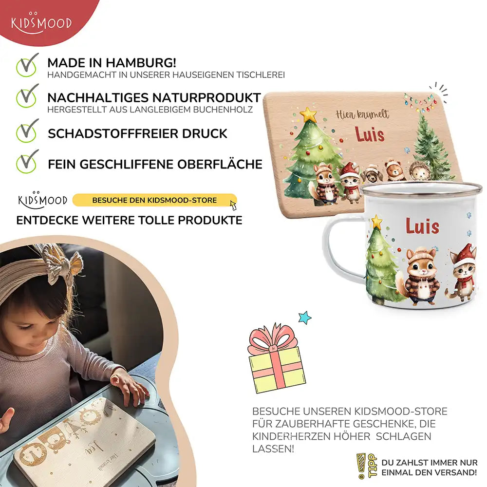Weihnachts-Set Frühstücksbrettchen und  Emaille Tasse - Schneeflocken-Bande