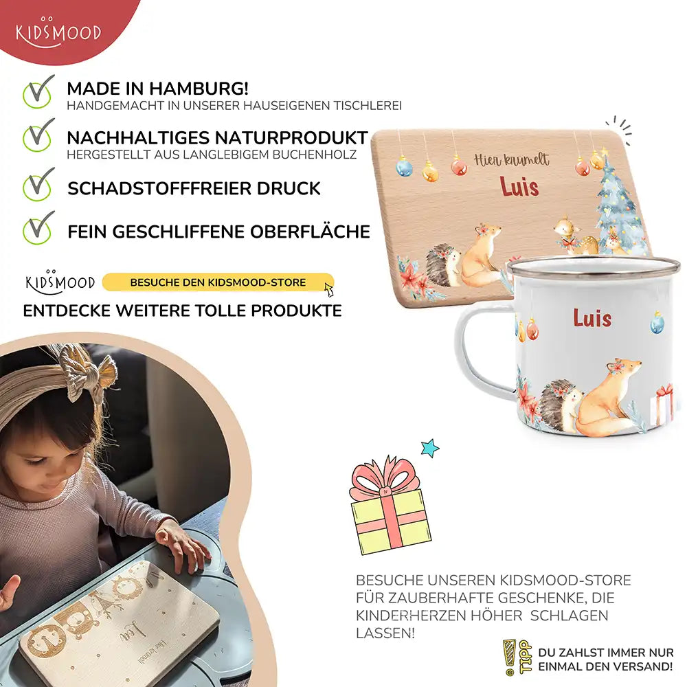 Weihnachts-Set Frühstücksbrettchen und  Emaille Tasse - Fuchs im Wald