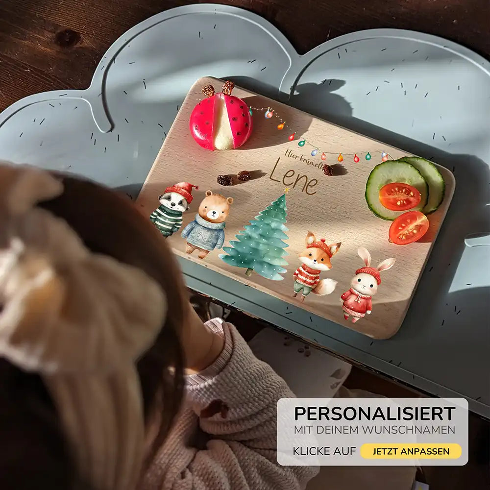 Weihnachts-Set Frühstücksbrettchen + Emaille Tasse - Winterfamilie