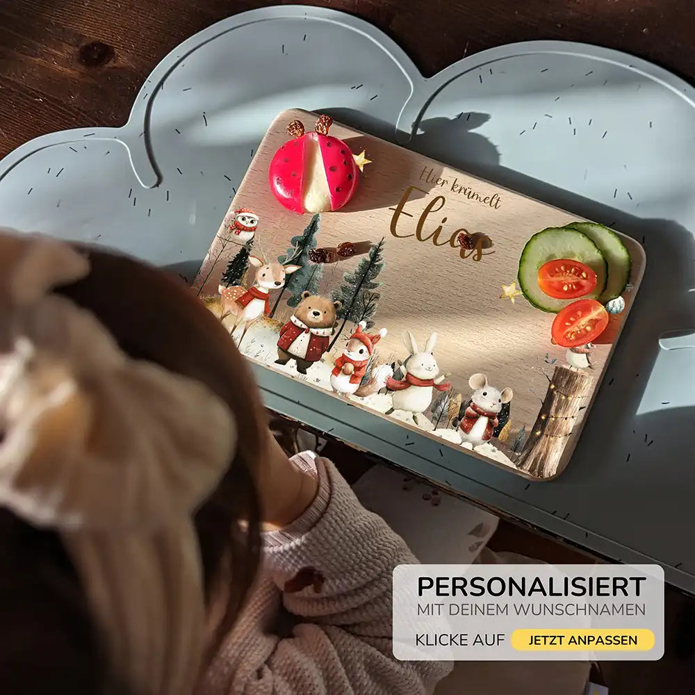 Weihnachts-Set Frühstücksbrettchen + Emaille Tasse - Waldtiere im Wintertraum