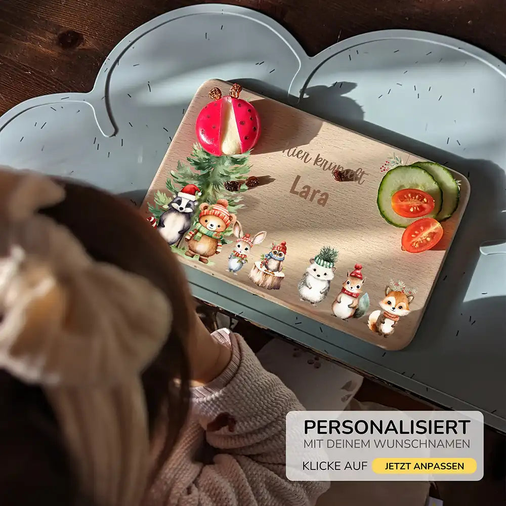 Weihnachts-Set Frühstücksbrettchen + Emaille Tasse - Waldfreunde-Picknick Motiv