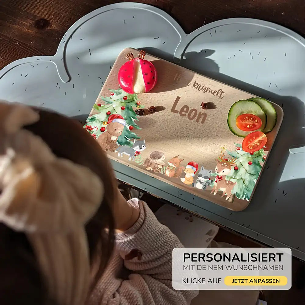 Weihnachts-Set Frühstücksbrettchen und  Emaille Tasse - Niedliche Waldtiere