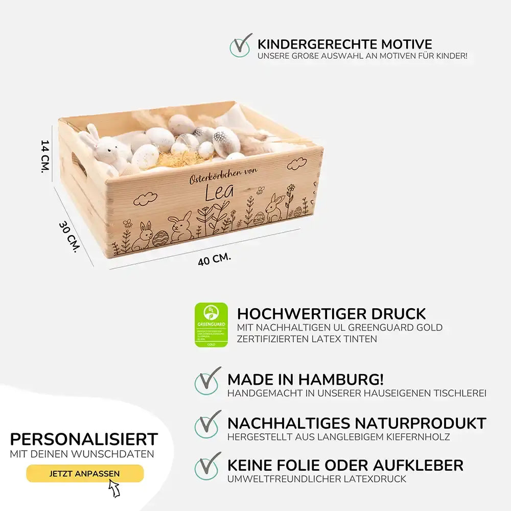 Osterkiste Holz personalisiert - Hasengarten
