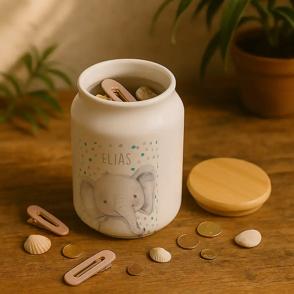 Personalisierbare Keksdose mit Name - Elefant mit Punkten