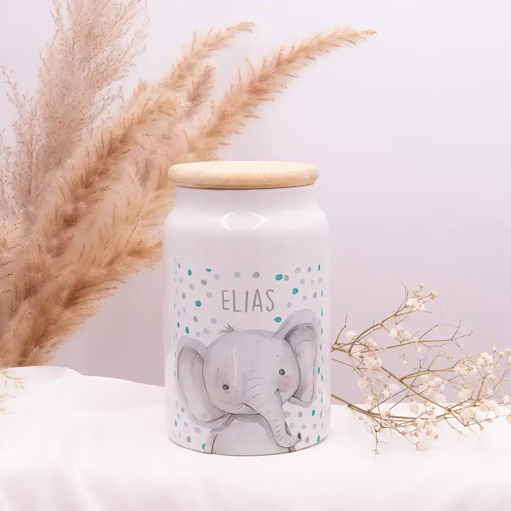 Personalisierbare Keksdose mit Name - Elefant mit Punkten