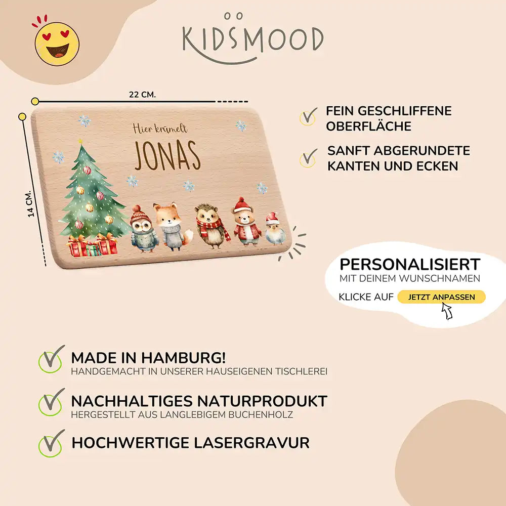 Weihnachts-Set Frühstücksbrettchen und  Emaille Tasse - Fuchs & Häschen-Freunde