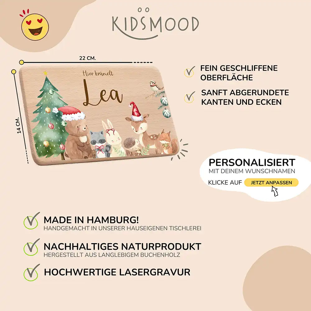 Weihnachts-Set Frühstücksbrettchen + Emaille Tasse - niedliche Waldtiere