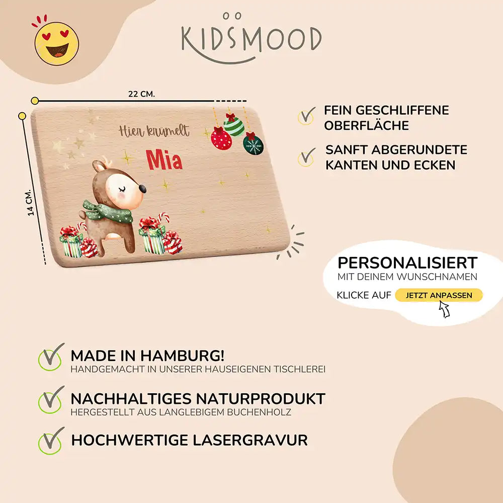 Weihnachts-Set Frühstücksbrettchen + Emaille Tasse - Baby Reh Motiv