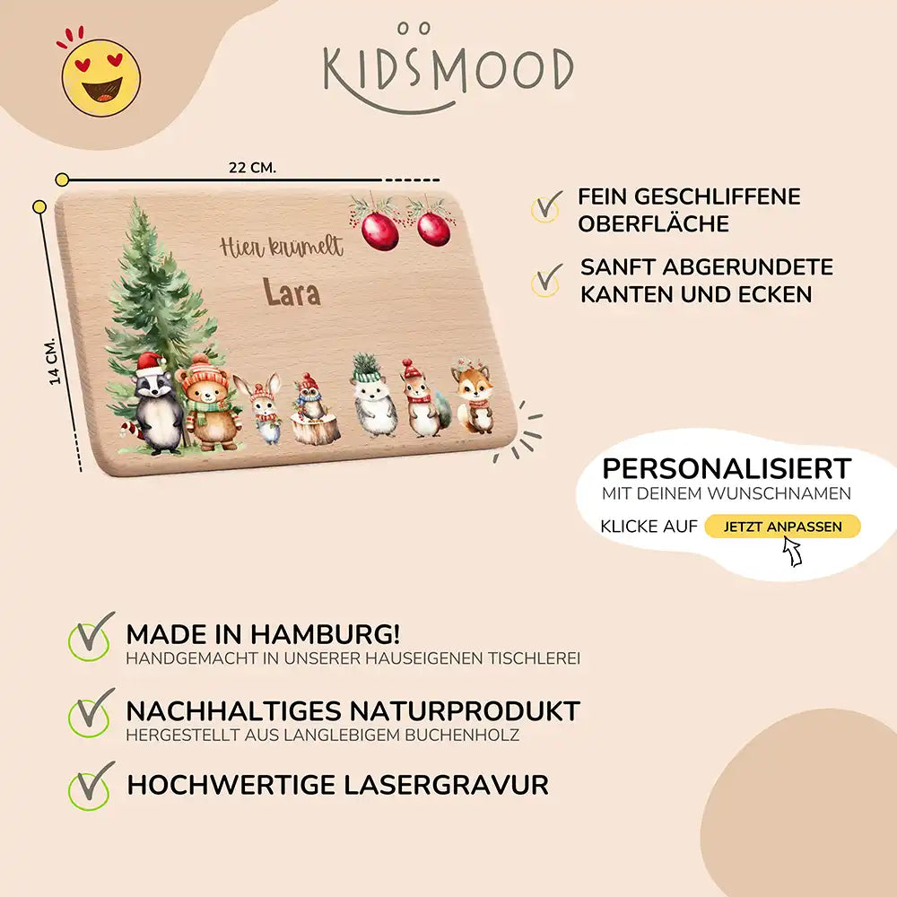 Weihnachts-Set Frühstücksbrettchen + Emaille Tasse - Waldfreunde-Picknick Motiv