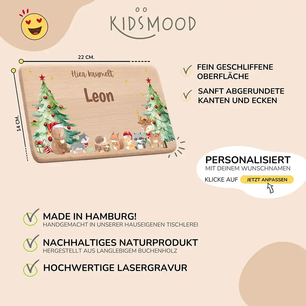 Weihnachts-Set Frühstücksbrettchen und  Emaille Tasse - Niedliche Waldtiere