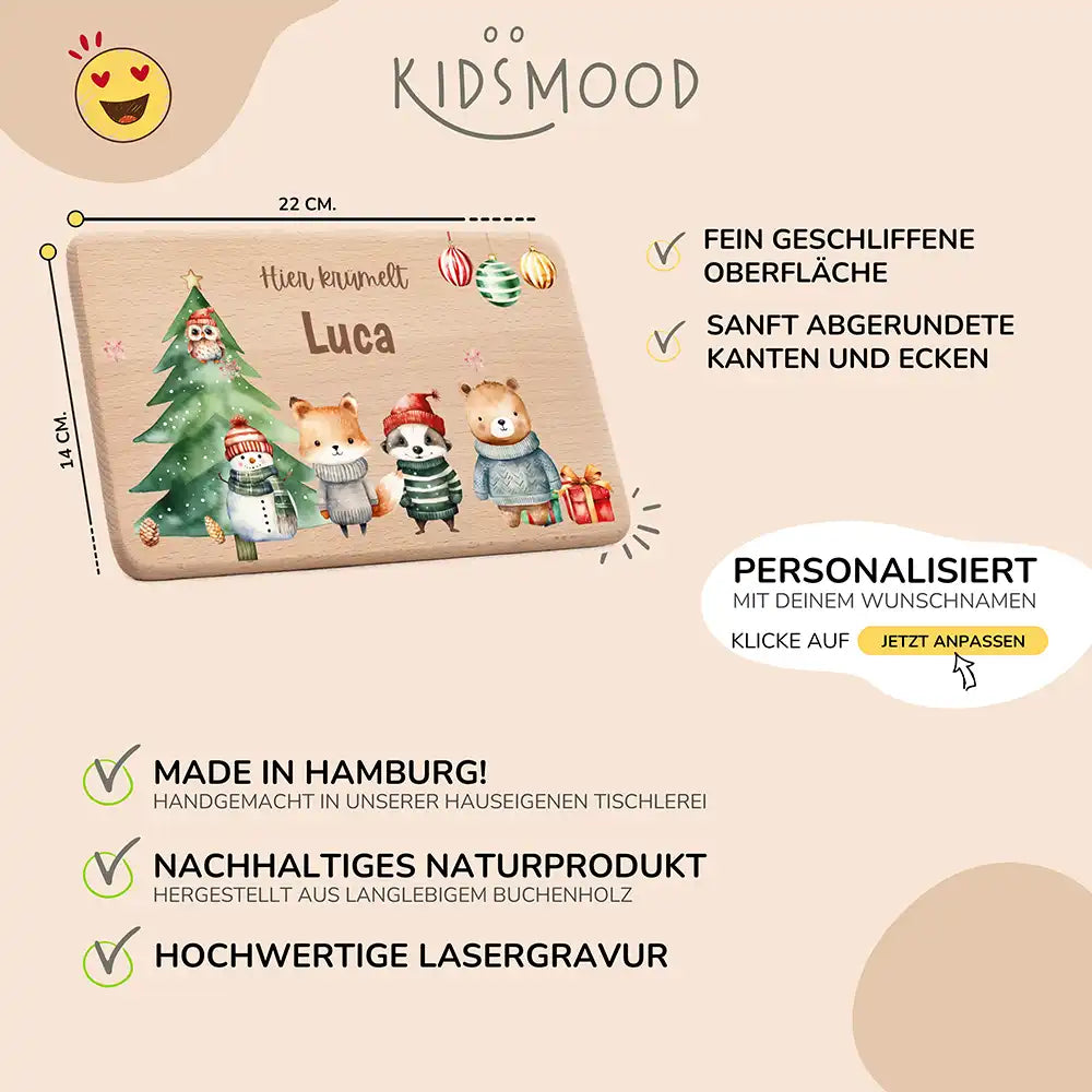 Weihnachts-Set Frühstücksbrettchen und  Emaille Tasse - Kuscheltier-Abenteuer