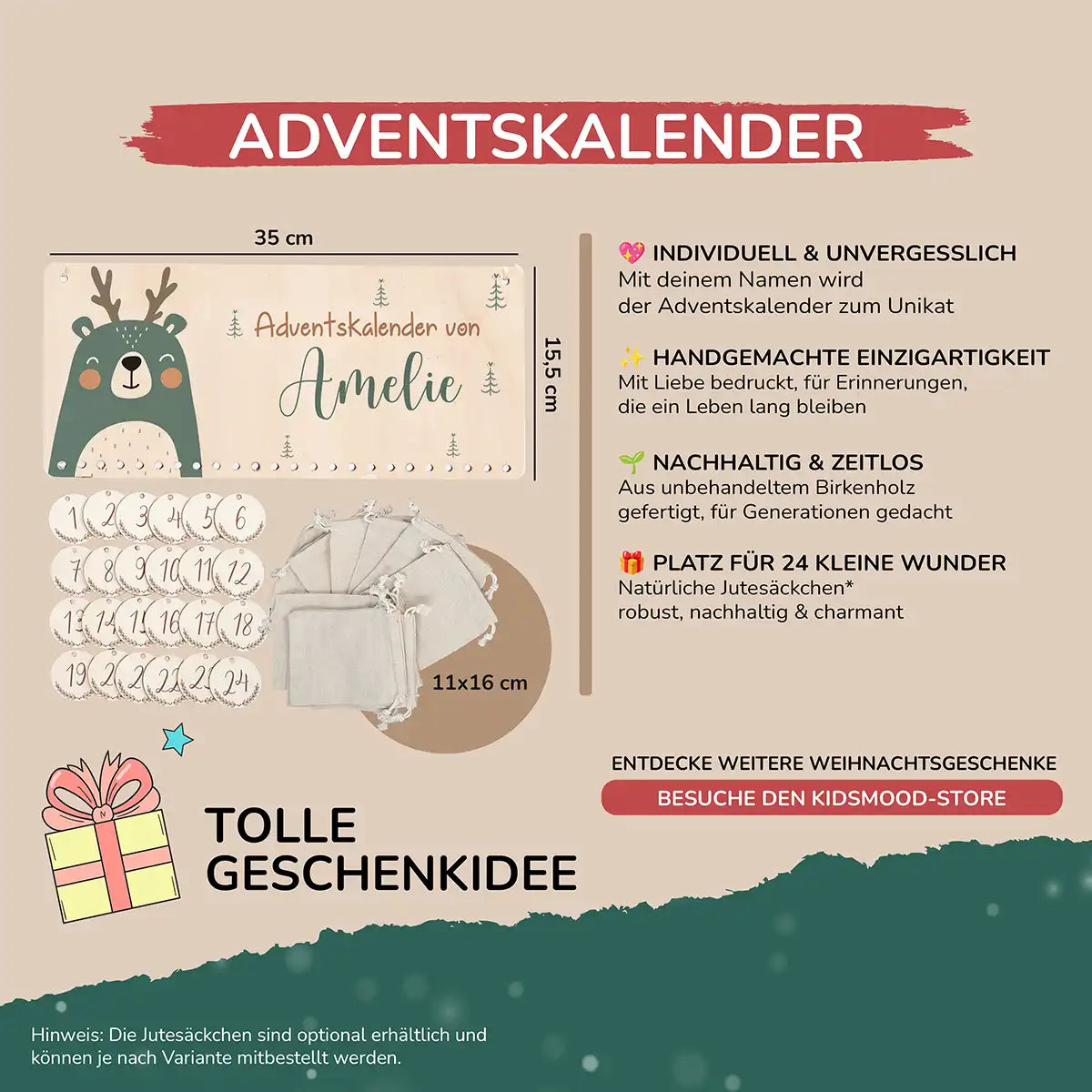 Personalisierbarer Adventskalender farbig - Rentier
