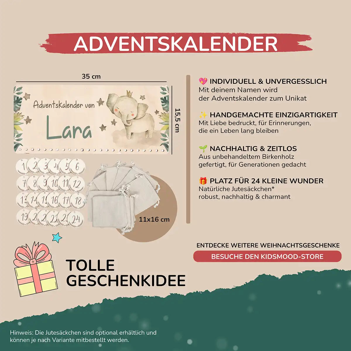 Personalisierbarer Adventskalender farbig - Elefant