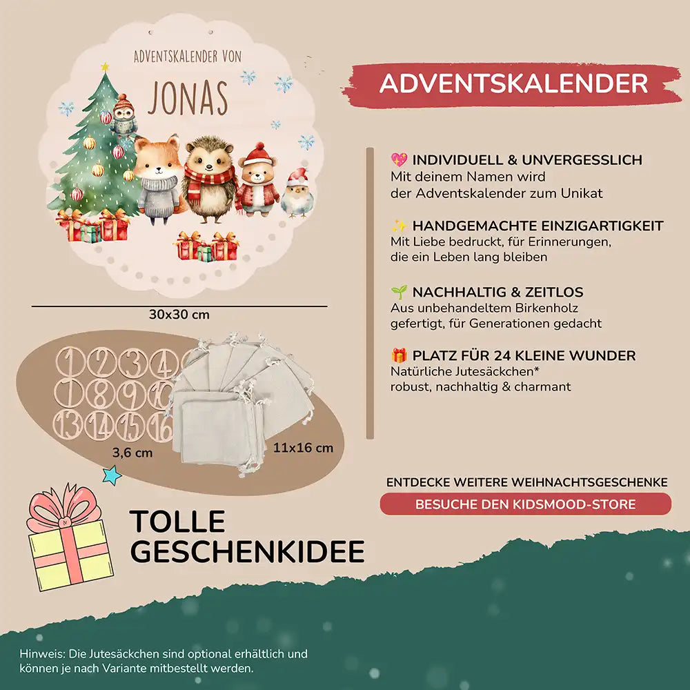Personalisierter runder Adventskalender Kinder aus Holz - Winterwunderland