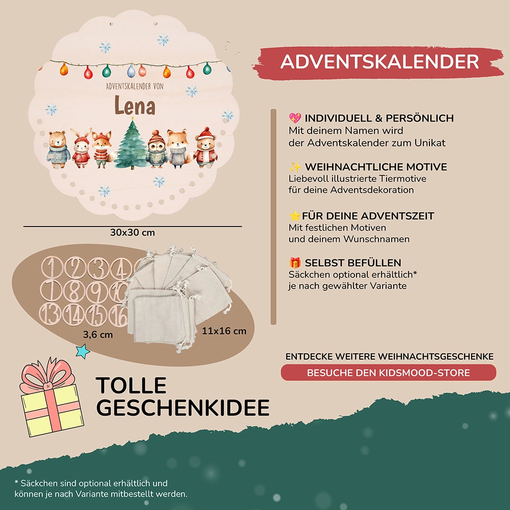 Personalisierter runder Adventskalender Kinder aus Holz - Niedliche Waldfreunde