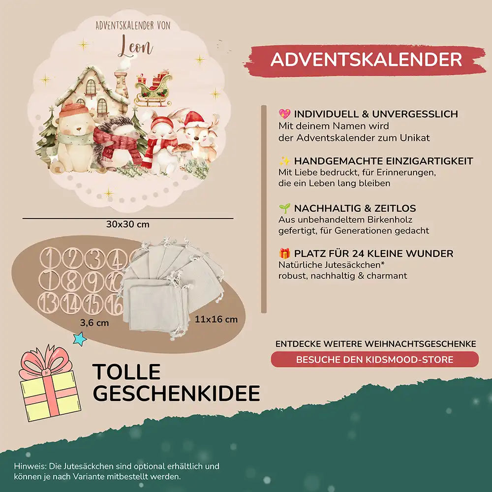Personalisierter runder Adventskalender Kinder aus Holz - Waldtiere im Winterzauber