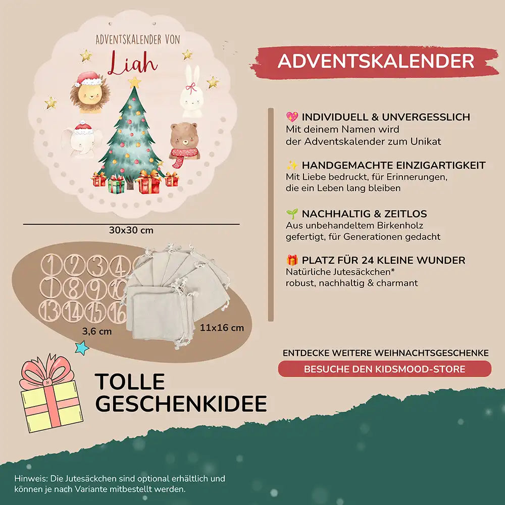 Personalisierter runder Adventskalender Kinder aus Holz - Weihnachtliche Tierwelt