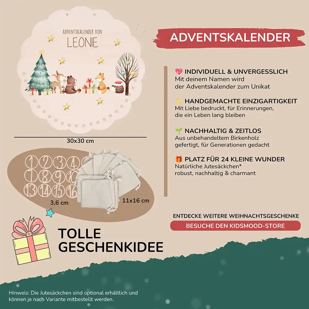 Personalisierter runder Adventskalender Kinder aus Holz - Tiere im Schneegestöber