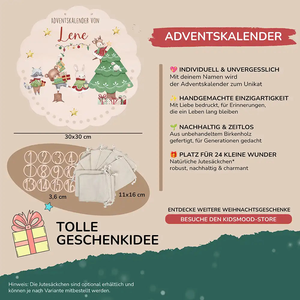 Personalisierter runder Adventskalender Kinder aus Holz - Festliche Waldszene