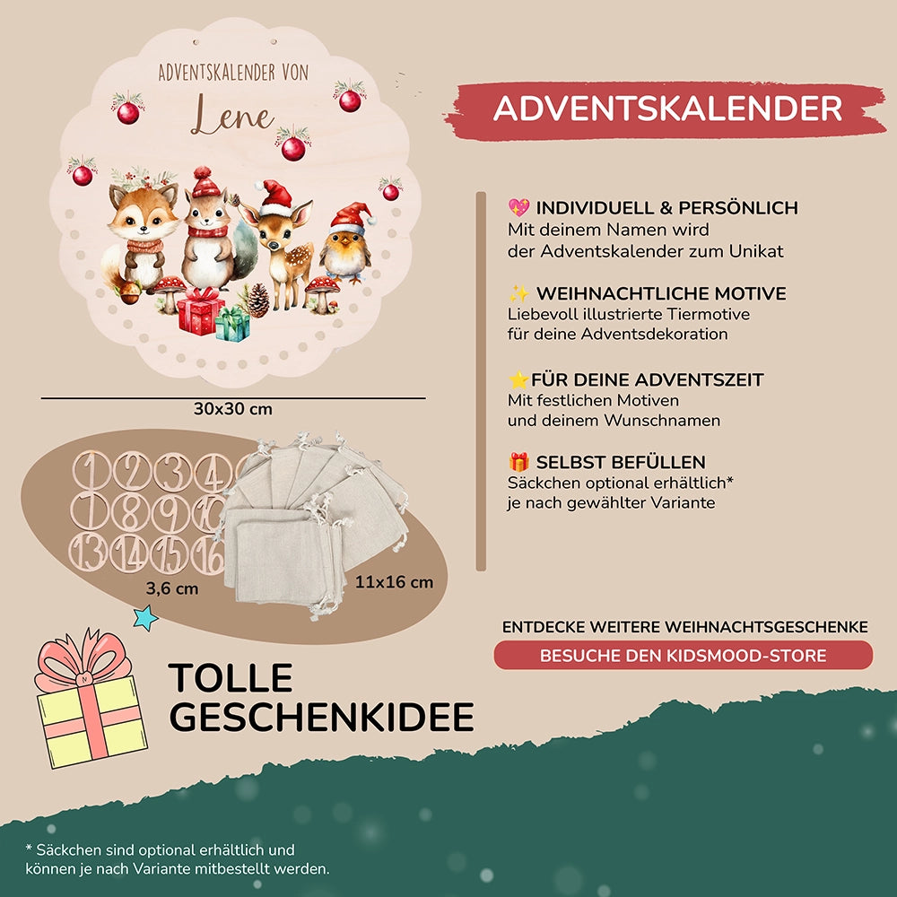 Personalisierter runder Adventskalender Kinder aus Holz - Tierische Weihnachtsfeier