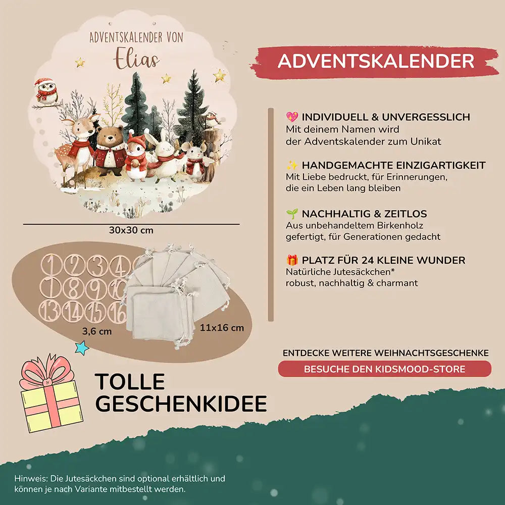Personalisierter runder Adventskalender Kinder aus Holz - Weihnachtsdorf