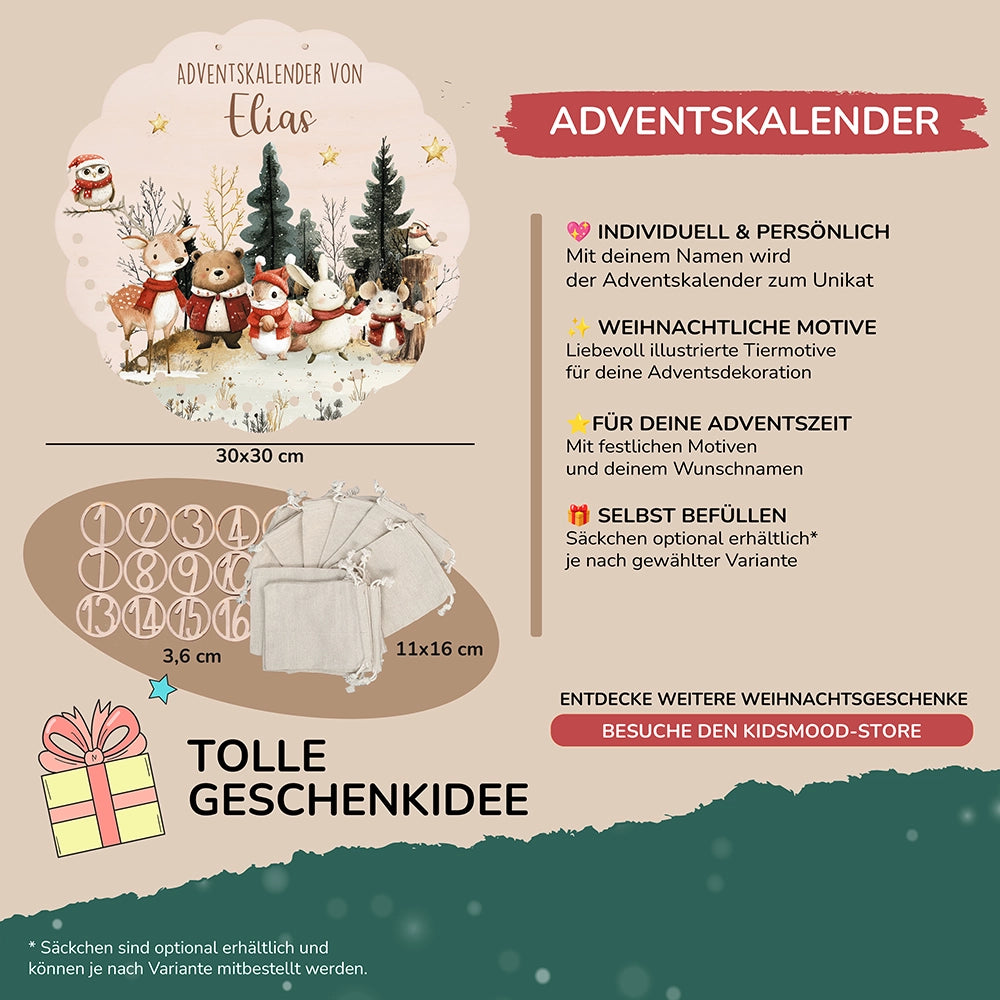 Personalisierter runder Adventskalender Kinder aus Holz - Weihnachtsdorf