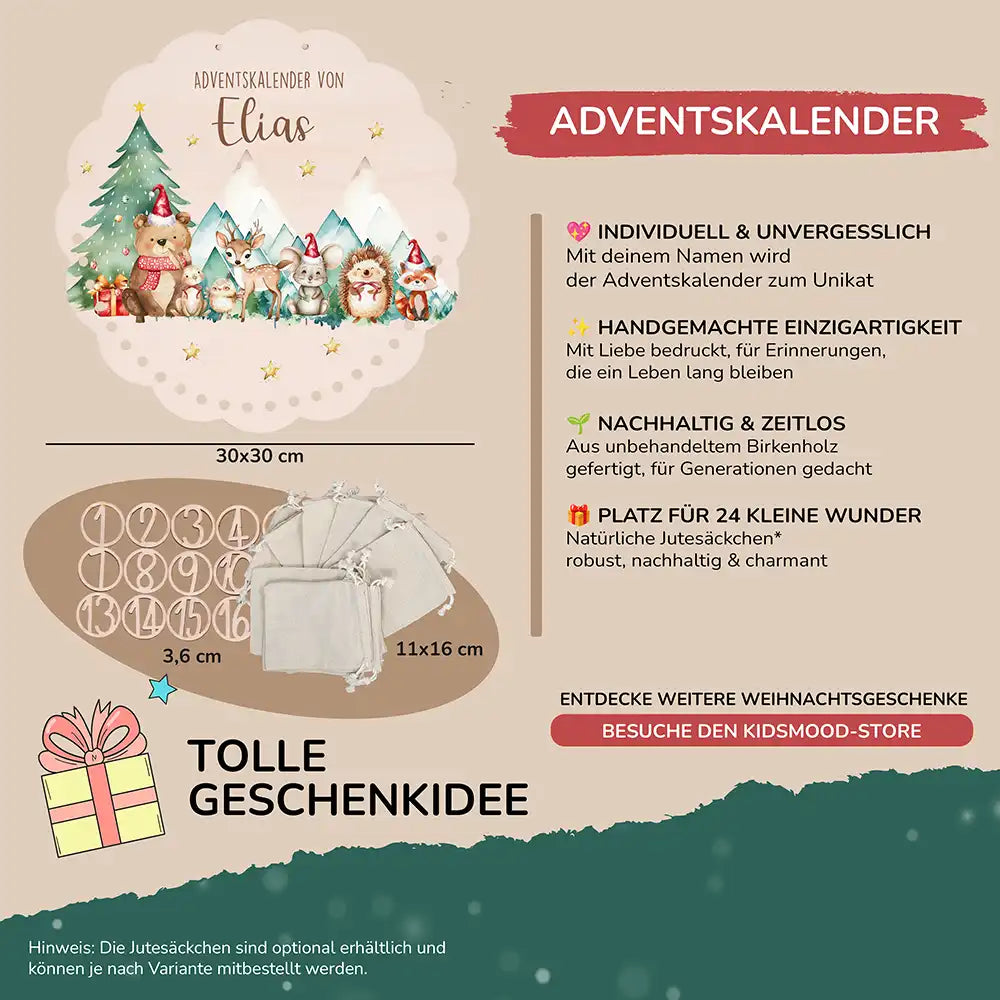 Personalisierter runder Adventskalender Kinder aus Holz - Winterwald & seine Bewohner