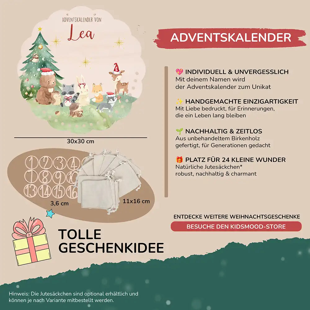 Personalisierter runder Adventskalender Kinder aus Holz - Niedliche Waldfreunde