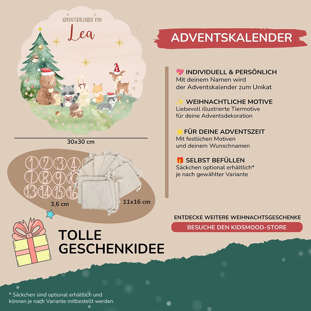 Personalisierter runder Adventskalender Kinder aus Holz - Niedliche Waldfreunde