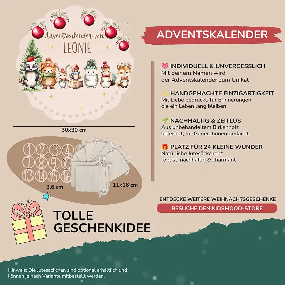 Personalisierter runder Adventskalender Kinder aus Holz - Kuschelige Winterfreunde