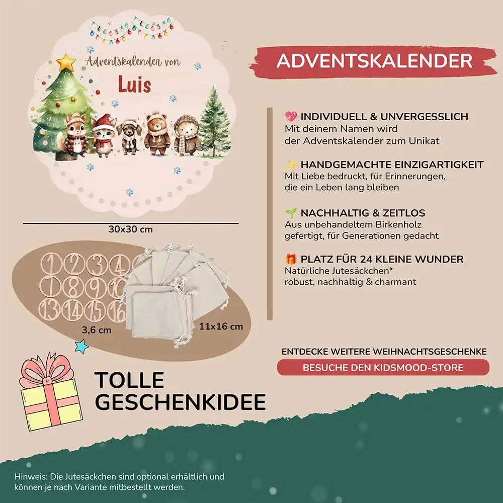 Personalisierter runder Adventskalender Kinder aus Holz - Winterwaldtiere