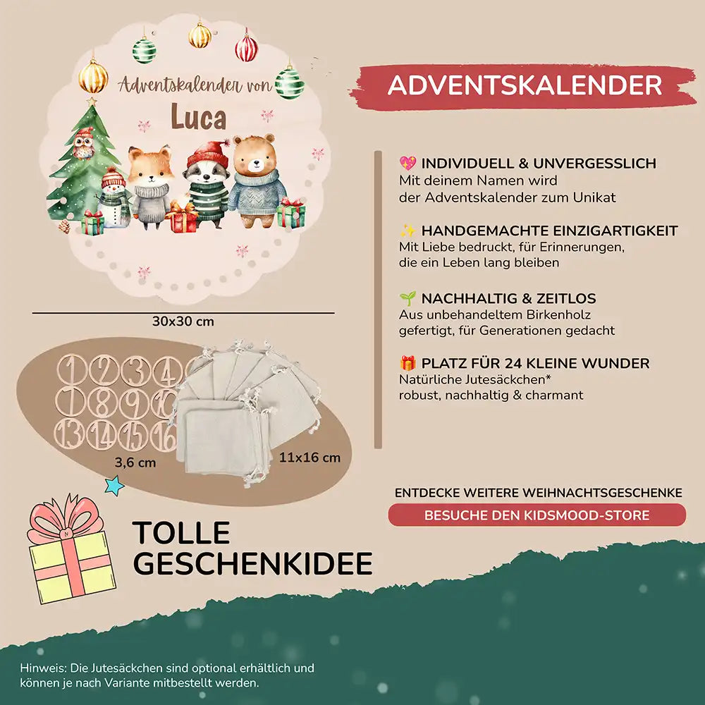 Personalisierter runder Adventskalender Kinder aus Holz - Waldtiere mit Weihnachtsmützen