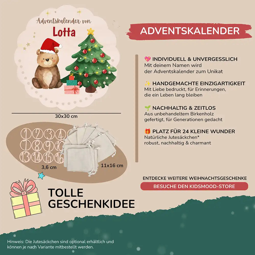 Personalisierter runder Adventskalender Kinder aus Holz - Weihnachtsbär